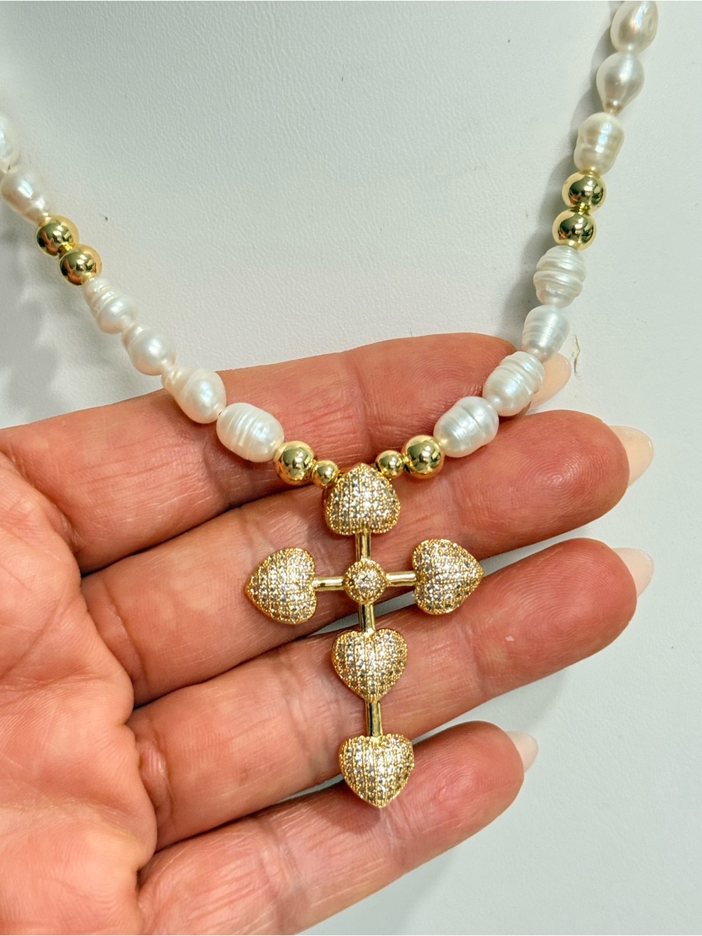 Pearl Necklace with Gold Heart Cross Pendant